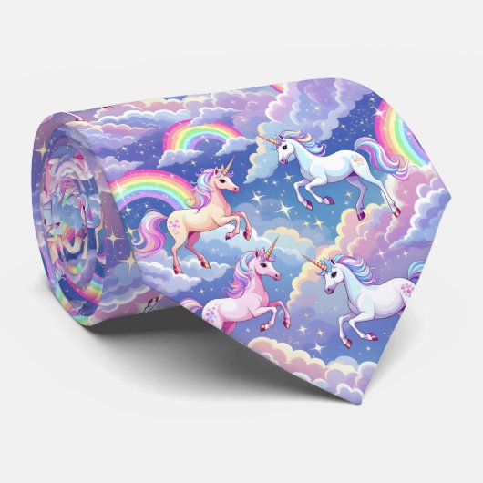 Sparkly rainbow and unicorns on clouds stropdas (Opgerold)