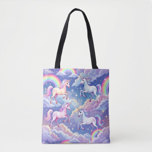 Sparkly rainbow and unicorns on clouds tote bag (Voorkant)