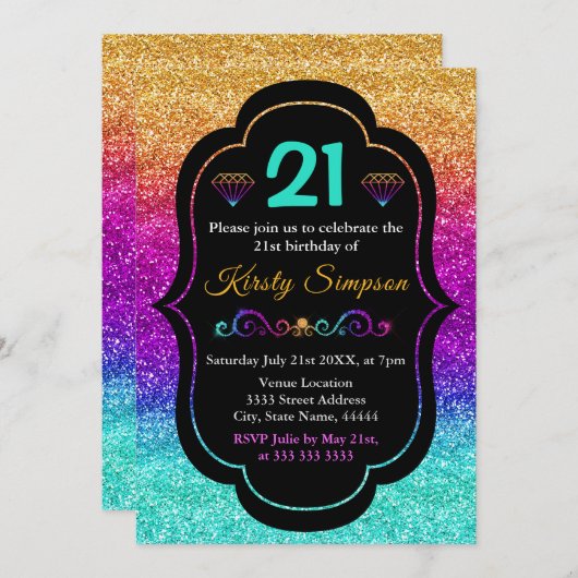 Sparkly Rainbow Gradient Glitter Birthday Kaart (Voorkant / Achterkant)