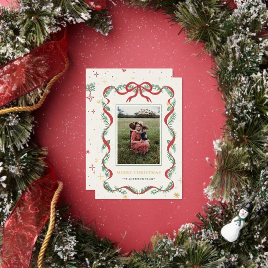 Sparkly Red Bow Wreath Christmas Foil Card Folie Feestdagenkaart (Insitu)