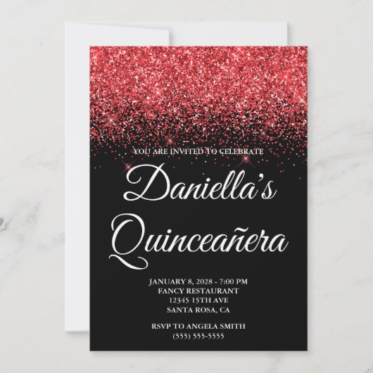 Sparkly Red Glitter Black Quinceañera Kaart (Voorkant)