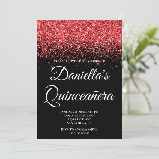 Sparkly Red Glitter Black Quinceañera Kaart (Staand voorkant)