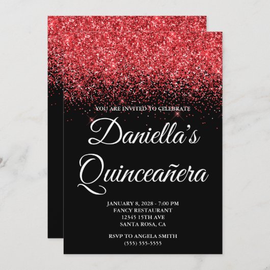Sparkly Red Glitter Black Quinceañera Kaart (Voorkant / Achterkant)