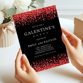 Sparkly Red Glitter Borders Black Galentines Party Kaart