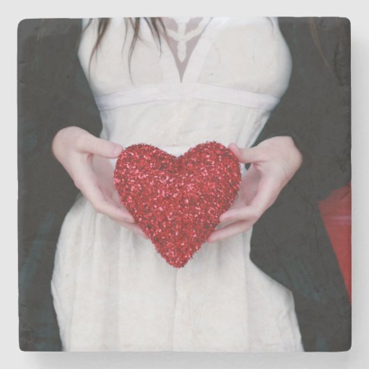 Sparkly Red Love Heart (Valentijnsdag) Stenen Onderzetter (Voorkant)