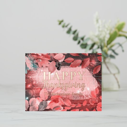 Sparkly Red Pink Leaves and Berries Thanksgiving Folie Feestdagen Briefkaart (Staand Voorkant)