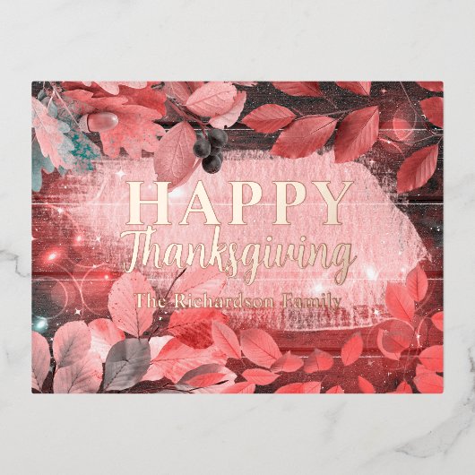 Sparkly Red Pink Leaves and Berries Thanksgiving Folie Feestdagen Briefkaart (Voorkant)