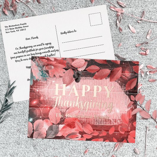 Sparkly Red Pink Leaves and Berries Thanksgiving Folie Feestdagen Briefkaart