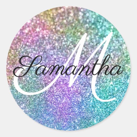 Sparkly Regenboog Zeemeermin Faux Glitter Monogram Ronde Sticker (Voorkant)