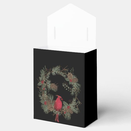 Sparkly rode kardinaal in een krans van dennentakk bedankdoosjes (Geopend)