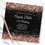 Sparkly Roos Gold Glitter 21st Birthday Black Kaart<br><div class="desc">Een glamoureuze faux gouden glitter met een roos in kleur en zwarte 21ste verjaardag uitnodiging voor haar. Als u hulp nodig hebt die de kalligrafie of de doopvontstijl van "U AAN CELEBRATE"of de tekst van de "21ste verjaardag"op de voor en rug verandert, verzend een verzoek door het systeem. Ik kan...</div>