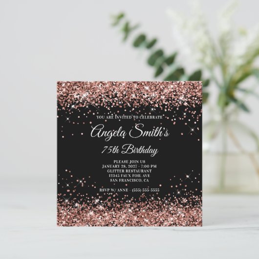 Sparkly Roos Gold Glitter 75th Birthday Black Kaart (Staand voorkant)