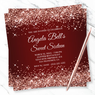 Sparkly Roos Gold Glitter Dark Red Sweet Sixteen Kaart