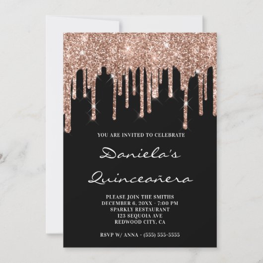 Sparkly Roos Gold Glitter Drift Black Quinceañera Kaart (Voorkant)