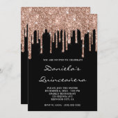 Sparkly Roos Gold Glitter Drift Black Quinceañera Kaart (Voorkant / Achterkant)
