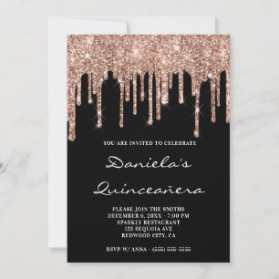 Sparkly Roos Gold Glitter Drift Black Quinceañera Kaart