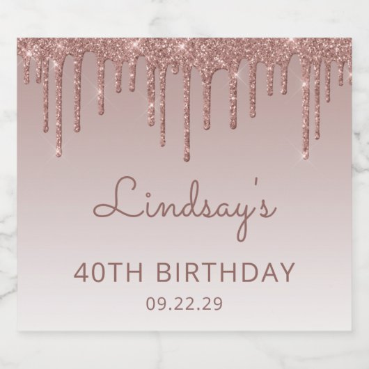 Sparkly Roos Gold Glitter Drip 40ste Verjaardagsfe Sparkling Wijnetiket (Enkel label)