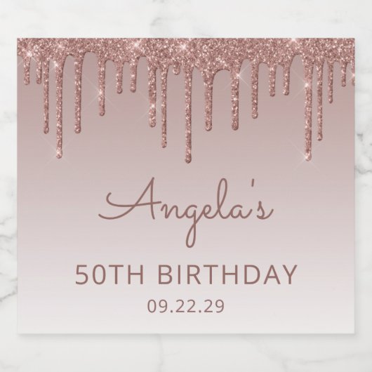 Sparkly Roos Gold Glitter Drip 50ste Verjaardagsfe Sparkling Wijnetiket (Enkel label)