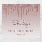 Sparkly Roos Gold Glitter Drip 90ste Verjaardagsfe Sparkling Wijnetiket (Enkel label)