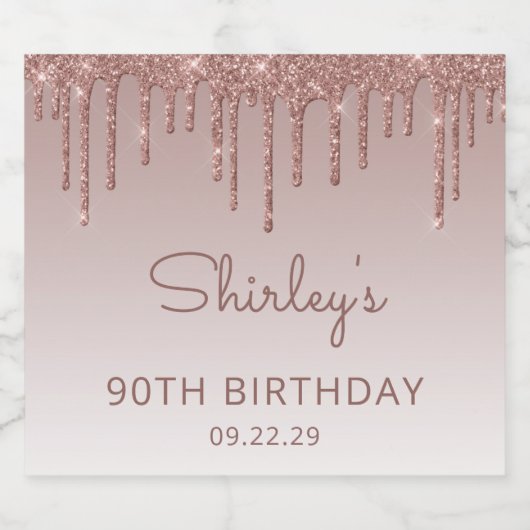 Sparkly Roos Gold Glitter Drip 90ste Verjaardagsfe Sparkling Wijnetiket (Enkel label)