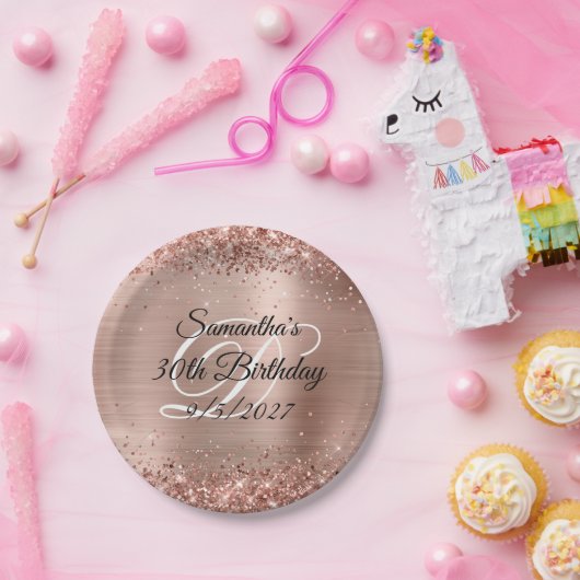 Sparkly Roos Gold Glitter en Folie 30th Birthday Papieren Bordje (Feest)