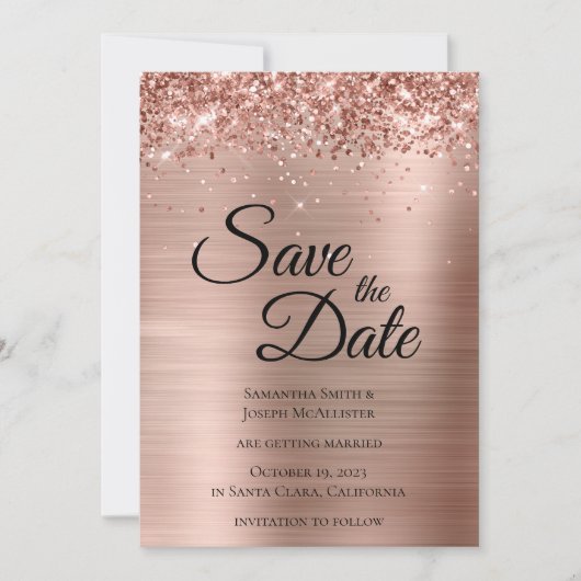Sparkly Roos Gold Glitter Folie Glam Save The Date (Voorkant)