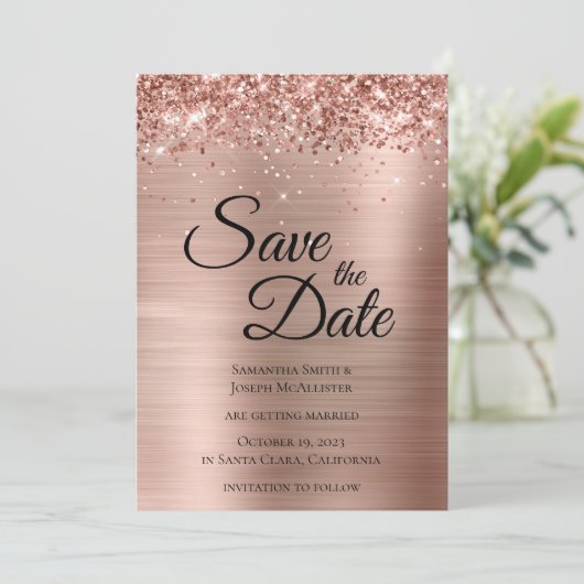 Sparkly Roos Gold Glitter Folie Glam Save The Date (Staand voorkant)