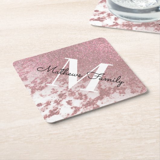 Sparkly Roos Gold Glitter Marble Ombre Monogram Kartonnen Onderzetters (Schuin)