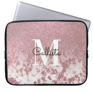 Sparkly Roos Gold Glitter Marble Ombre Monogram Laptop Sleeve