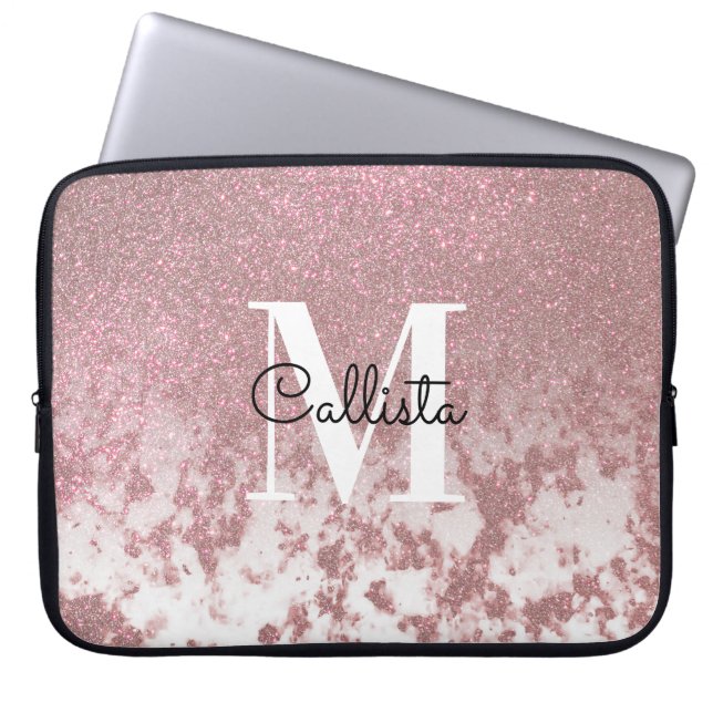 Sparkly Roos Gold Glitter Marble Ombre Monogram Laptop Sleeve (Voorkant)