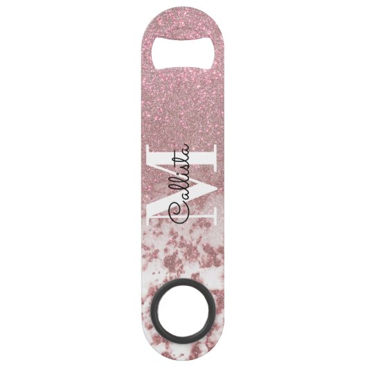 Sparkly Roos Gold Glitter Marble Ombre Monogram Speed Flessenopener (Voorkant)