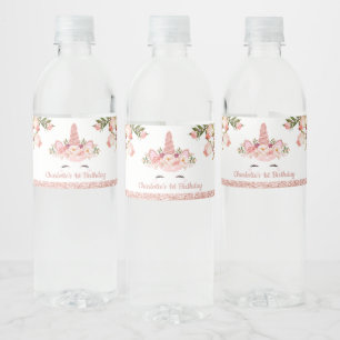 Sparkly Roos Gold Unicorn / Roze Waterverf Floral Waterfles Etiket