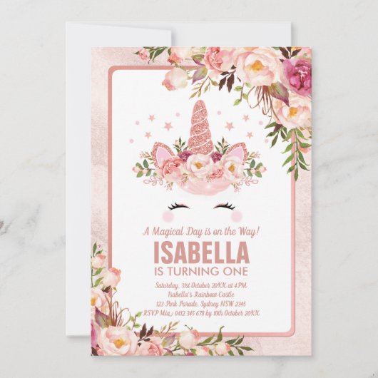 Sparkly Roos Gouden Eenhoorn / Girly Magische Verj Kaart (Voorkant)