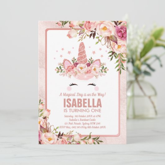 Sparkly Roos Gouden Eenhoorn / Girly Magische Verj Kaart (Staand voorkant)