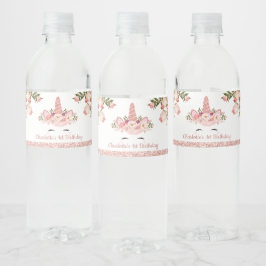 Sparkly Roos Gouden Eenhoorn / Roze Waterverf Bloe Waterfles Etiket (Flessen)