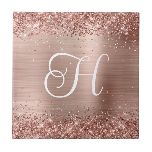 Sparkly Roos Gouden Glitter en Folie Monogram Tegeltje (Voorkant)