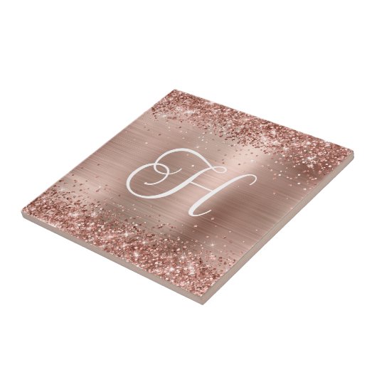 Sparkly Roos Gouden Glitter en Folie Monogram Tegeltje (Zijkant)