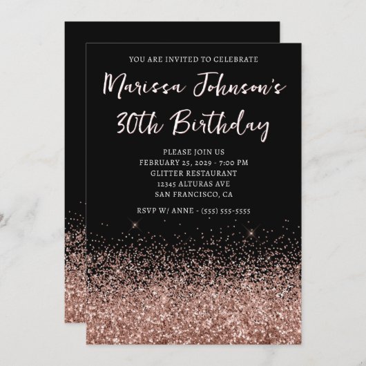Sparkly Roos Gouden Glitter Zwart 30e Verjaardag Kaart (Voorkant / Achterkant)