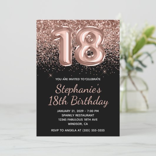 Sparkly Roos Gouden Glitter Zwart Nummer 18 Verjaa Kaart (Staand voorkant)