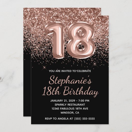 Sparkly Roos Gouden Glitter Zwart Nummer 18 Verjaa Kaart (Voorkant / Achterkant)