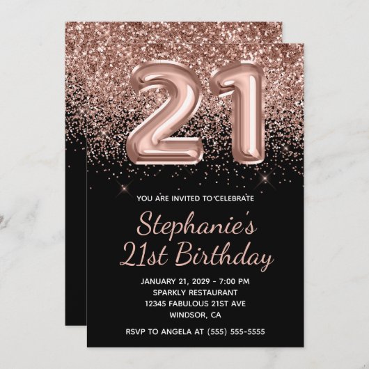 Sparkly Roos Gouden Glitter Zwart Nummer 21 Verjaa Kaart (Voorkant / Achterkant)