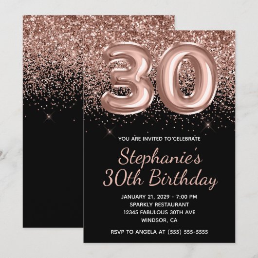 Sparkly Roos Gouden Glitter Zwart Nummer 30 Verjaa Kaart (Voorkant / Achterkant)