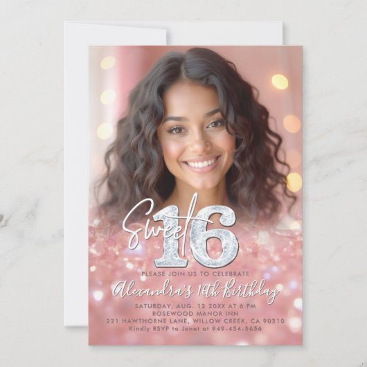 Sparkly Rose Gold Diamonds Chic Photo Sweet 16 Kaart (Voorkant)