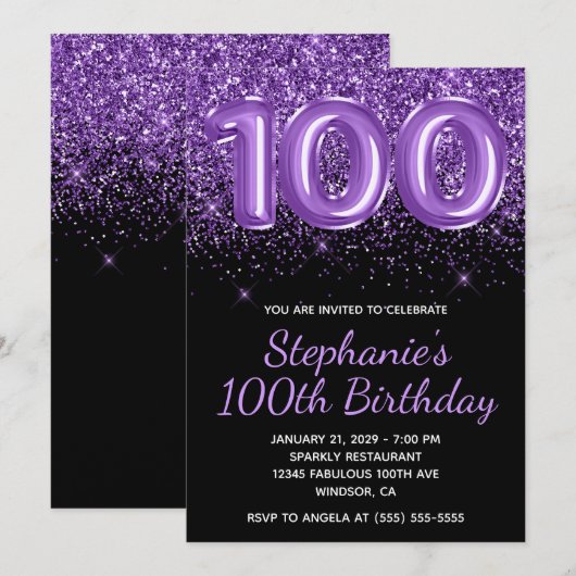 Sparkly Royal Paarse Glitter Zwart Nummer 100 Kaart (Voorkant / Achterkant)