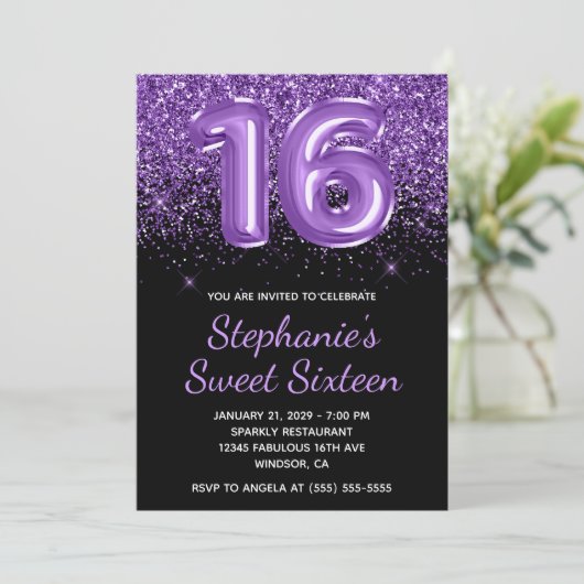 Sparkly Royal Paarse Glitter Zwart Nummer 16 Kaart (Staand voorkant)