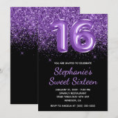 Sparkly Royal Paarse Glitter Zwart Nummer 16 Kaart (Voorkant / Achterkant)