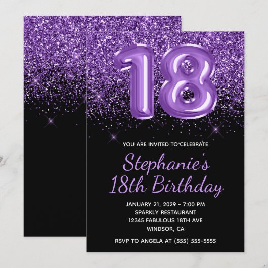 Sparkly Royal Paarse Glitter Zwart Nummer 18 Kaart (Voorkant / Achterkant)