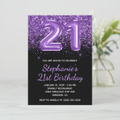 Sparkly Royal Paarse Glitter Zwart Nummer 21 Kaart (Staand voorkant)