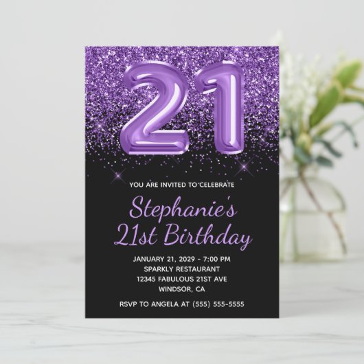 Sparkly Royal Paarse Glitter Zwart Nummer 21 Kaart (Staand voorkant)