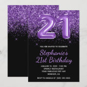 Sparkly Royal Paarse Glitter Zwart Nummer 21 Kaart (Voorkant / Achterkant)